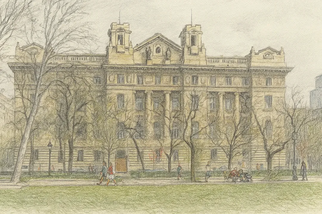 Westliche Fassade der Ungarischen Nationalbank in Budapest mit detailliert gestalteter Steinarchitektur.