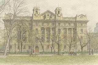 Westliche Fassade der Ungarischen Nationalbank in Budapest mit detailliert gestalteter Steinarchitektur.