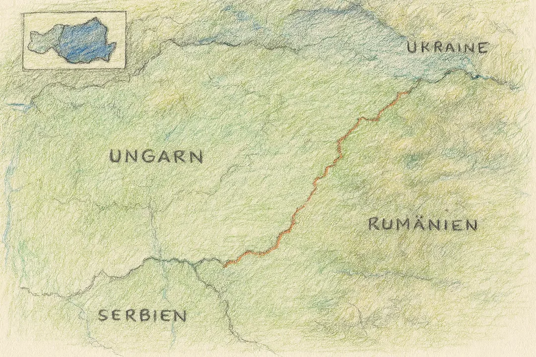 Reliefkarte mit dem Grenzverlauf zwischen Rumänien und Ungarn, mit eingezeichneten Staatsgrenzen und Landschaftsstrukturen.