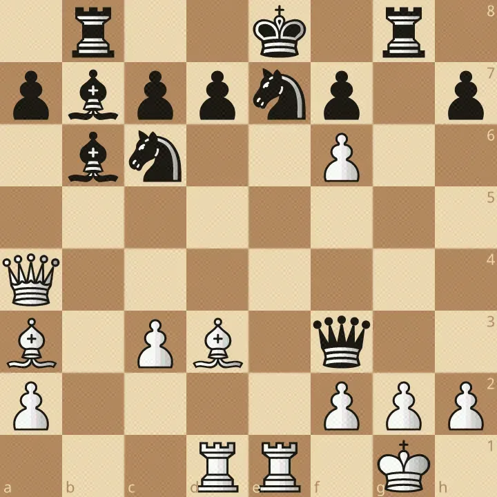 Schachstellung: weißer König g1, Dame a4, Türme d1 und e1, Läufer a3 und d3, Bauer f6; schwarzer König e8, Dame f3, Türme b8 und g8, Läufer b6 und b7, Springer c6 und e7, mehrere Bauern; Weiß ist am Zug.