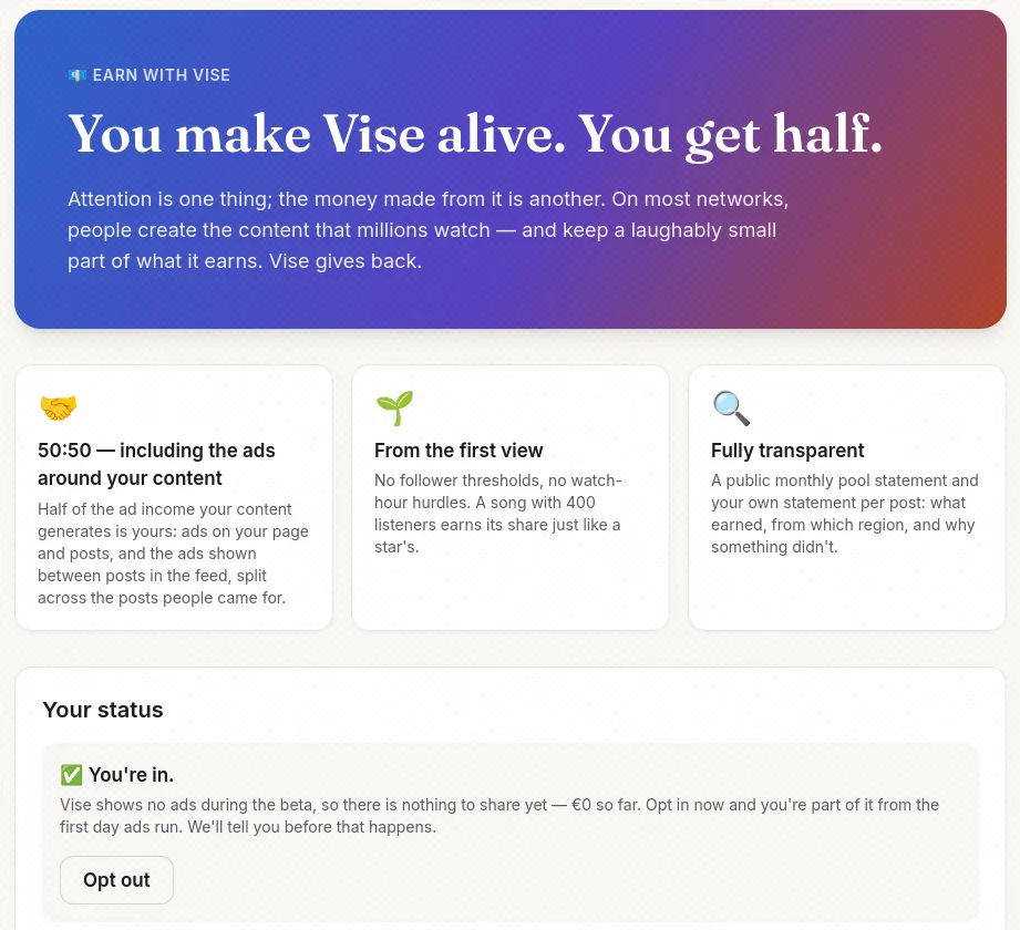 Screenshot of the Earn program of Vise.social
