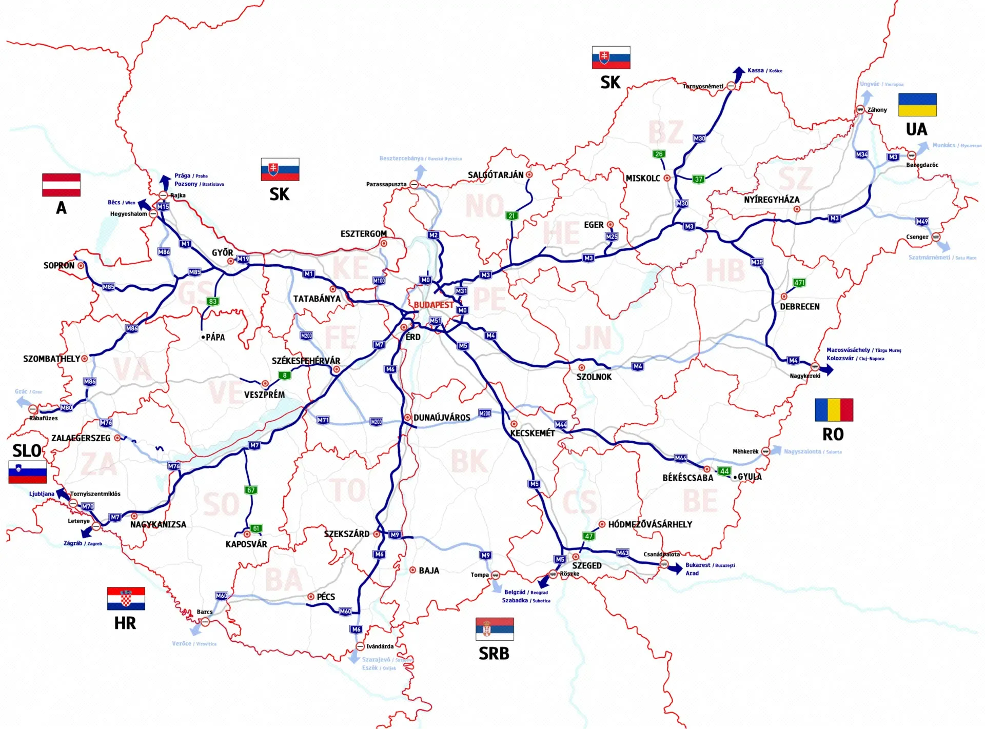Karte von Ungarn mit dem Verlauf der Autobahnen, Schnellstraßen und weiteren wichtigen Fernstraßen.