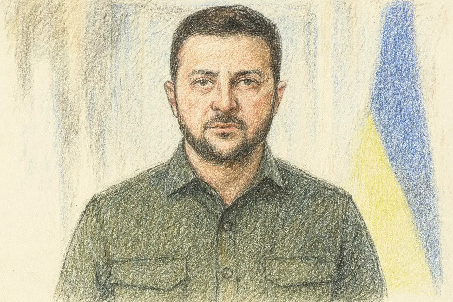 Offizielles Porträt des ukrainischen Präsidenten Wolodymyr Selenskyj, frontal aufgenommen vor dunklem Hintergrund, im Anzug mit Krawatte.