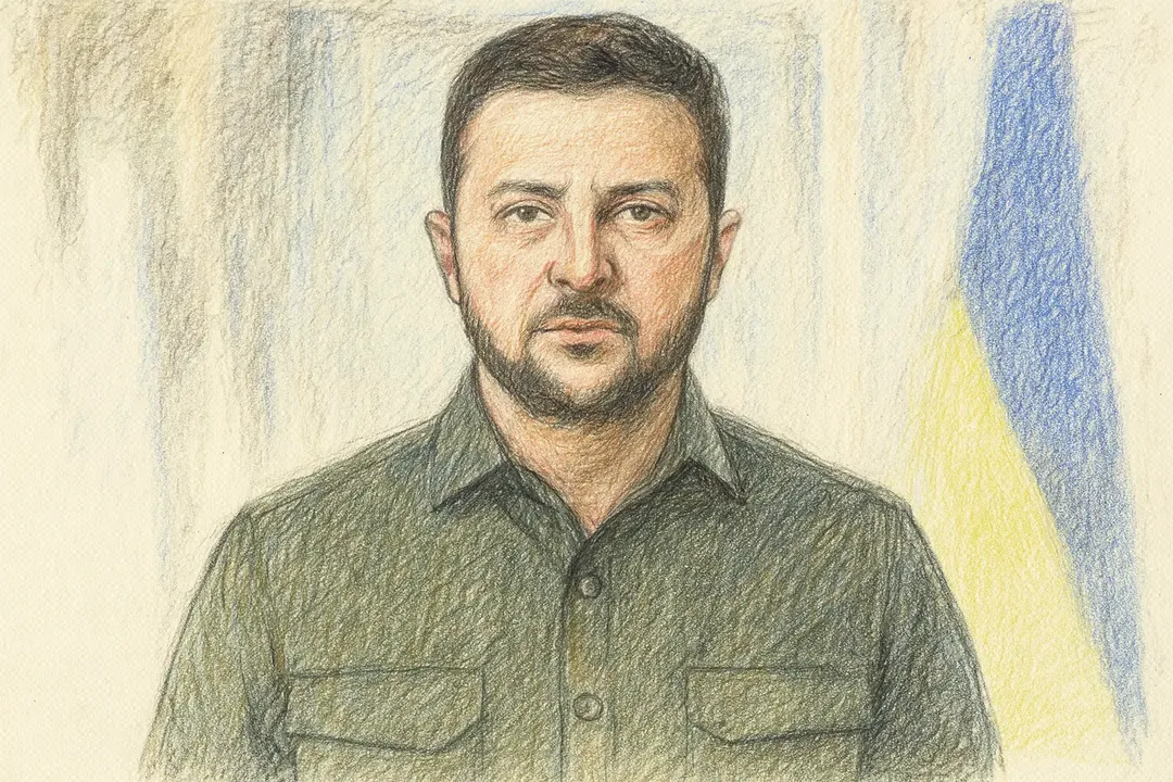 Offizielles Porträt des ukrainischen Präsidenten Wolodymyr Selenskyj, frontal aufgenommen vor dunklem Hintergrund, im Anzug mit Krawatte.